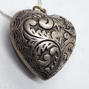 HUGE Puffy Heart Pendant Necklace Silver Plate Etched Scroll Design Love Gift